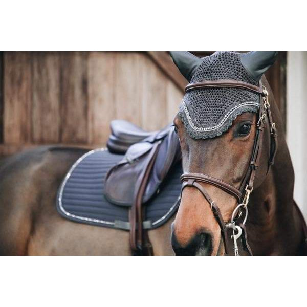 Horse wearing fly veil and saddle, standing in stable.
