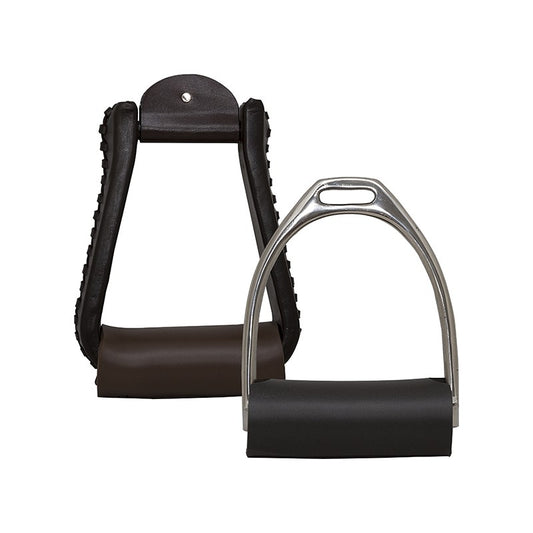Pair of stainless steel horse riding stirrups with black treads.