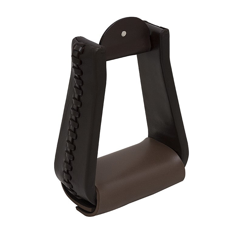 Brown and black leather horse riding stirrups, no visible brand.