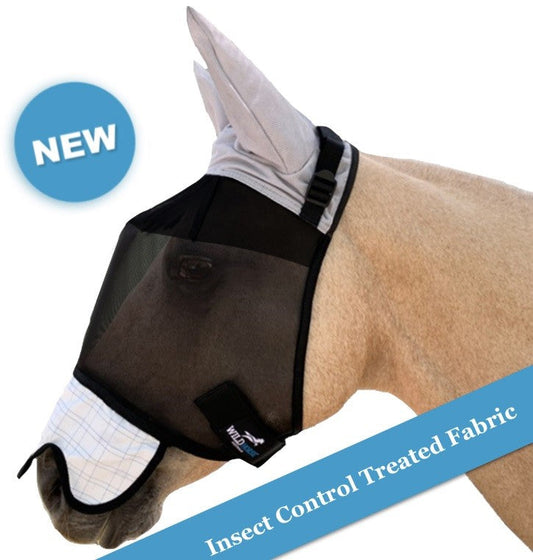 Fly veil for horses with insect control treated fabric.