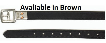 Black stirrup leathers with buckle, advertised as available in brown.