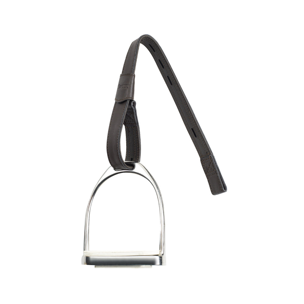 Brown stirrup leathers with metal stirrup against a white background.