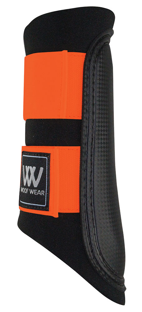 Woof Wear brand black and orange horse leg protective boot.