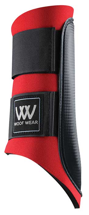Red and black Woof Wear branded horse leg protection boot.