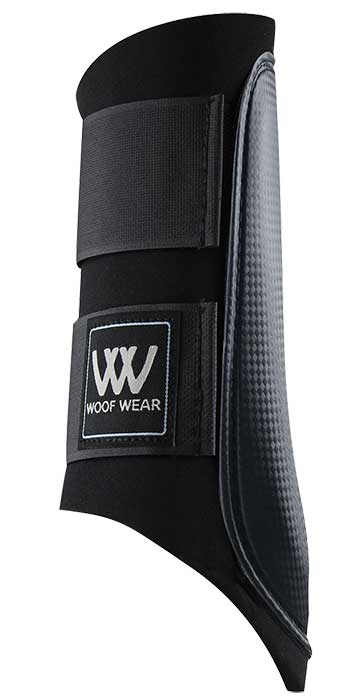 Black Woof Wear horse boot with logo and velcro strap.