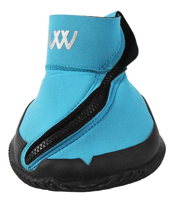 Turquoise Woof Wear horse boot with black trim and zipper.