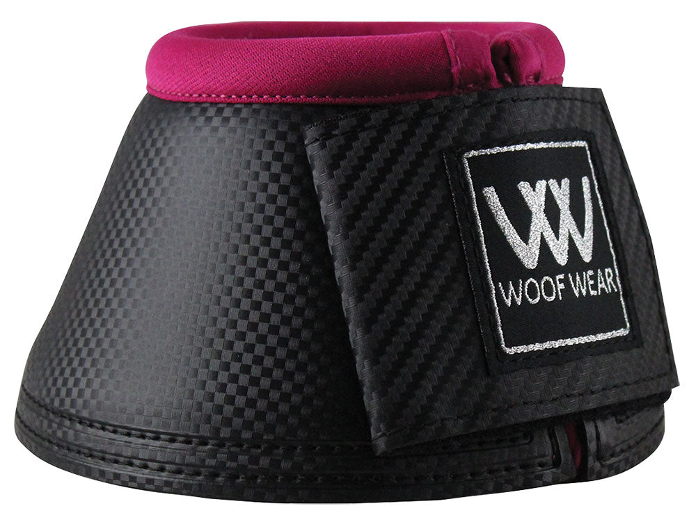 Woof Wear brand black bell boot with pink trim and logo.