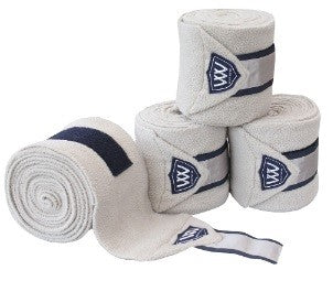 Woof Wear brand horse bandages in white with navy details.