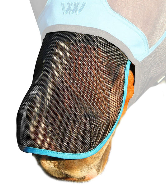 Fly veil for horses, mesh front with blue trim.