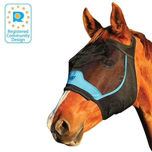 Fly veil for horses with blue and black design.