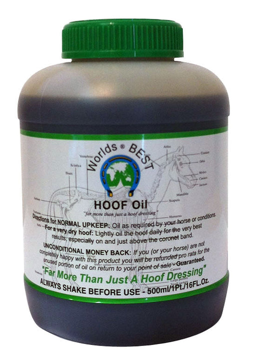 A bottle of "World's Best HOOF Oil" for horses with text and diagrams, indicating it's "Far More Than Just a Hoof Dressing," 500ml volume.