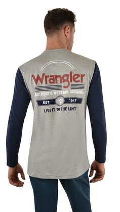 Tee Shirt Wrangler Brando Long Sleeve W22 Grey Marle Navy Mens-Ascot Saddlery-The Equestrian