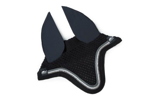 Black Anna Scarpati horse ear bonnet with silver trim detail.