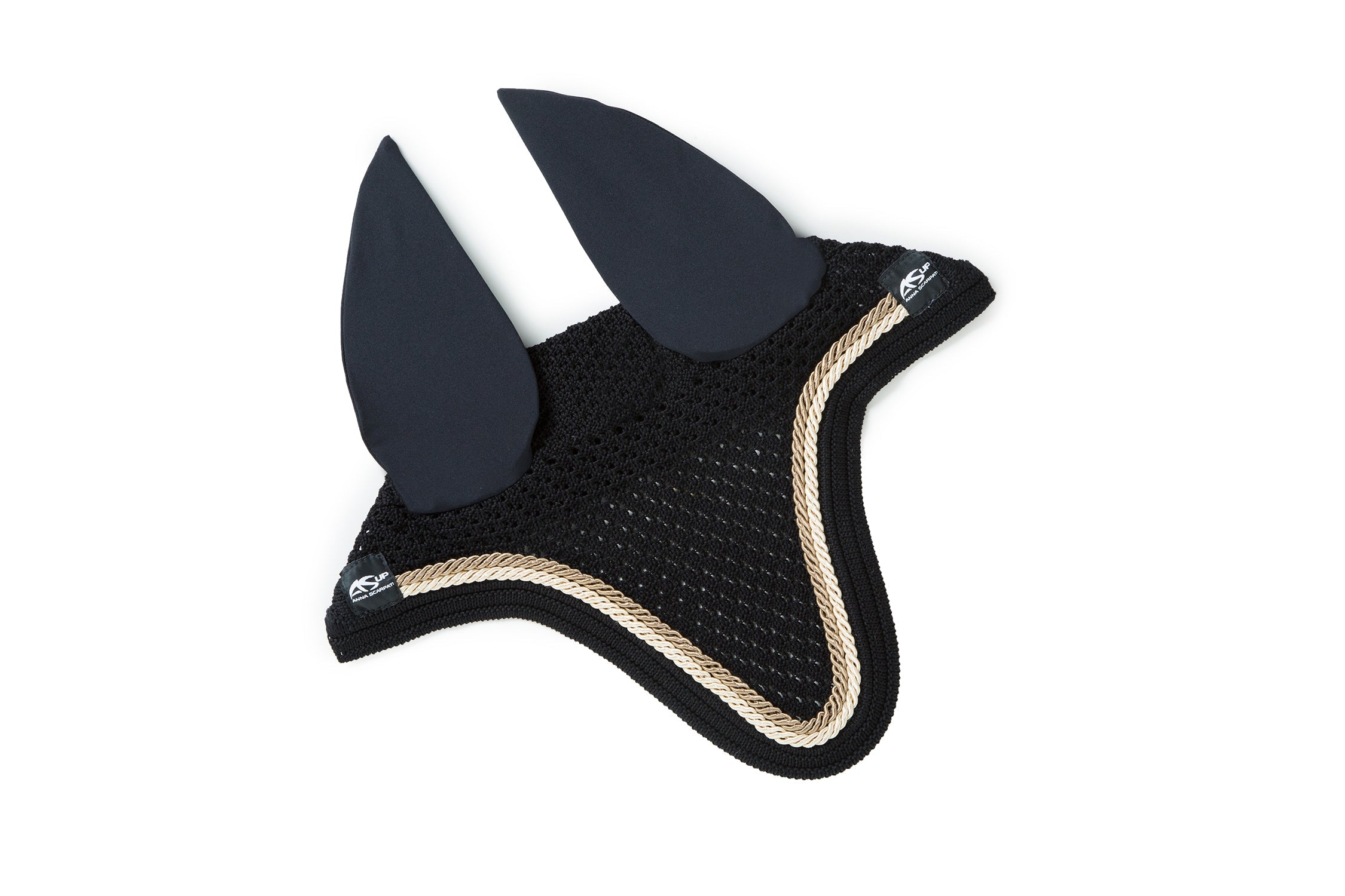 Anna Scarpati horse ear bonnet in black with beige trim.