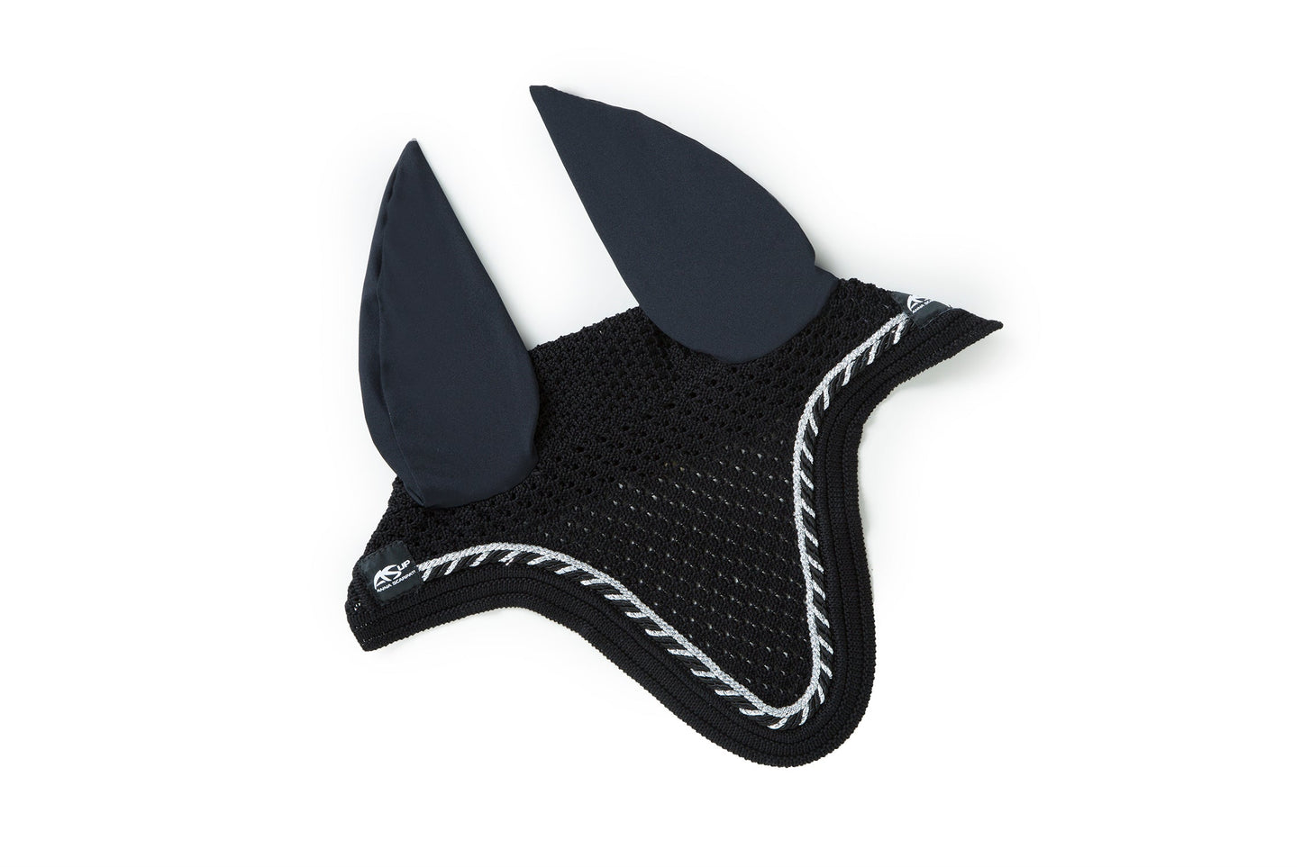 Anna Scarpati black horse ear bonnet with white trim details.