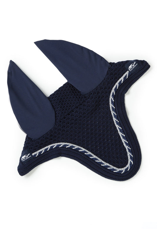 Anna Scarpati horse ear bonnet in navy with white trim.