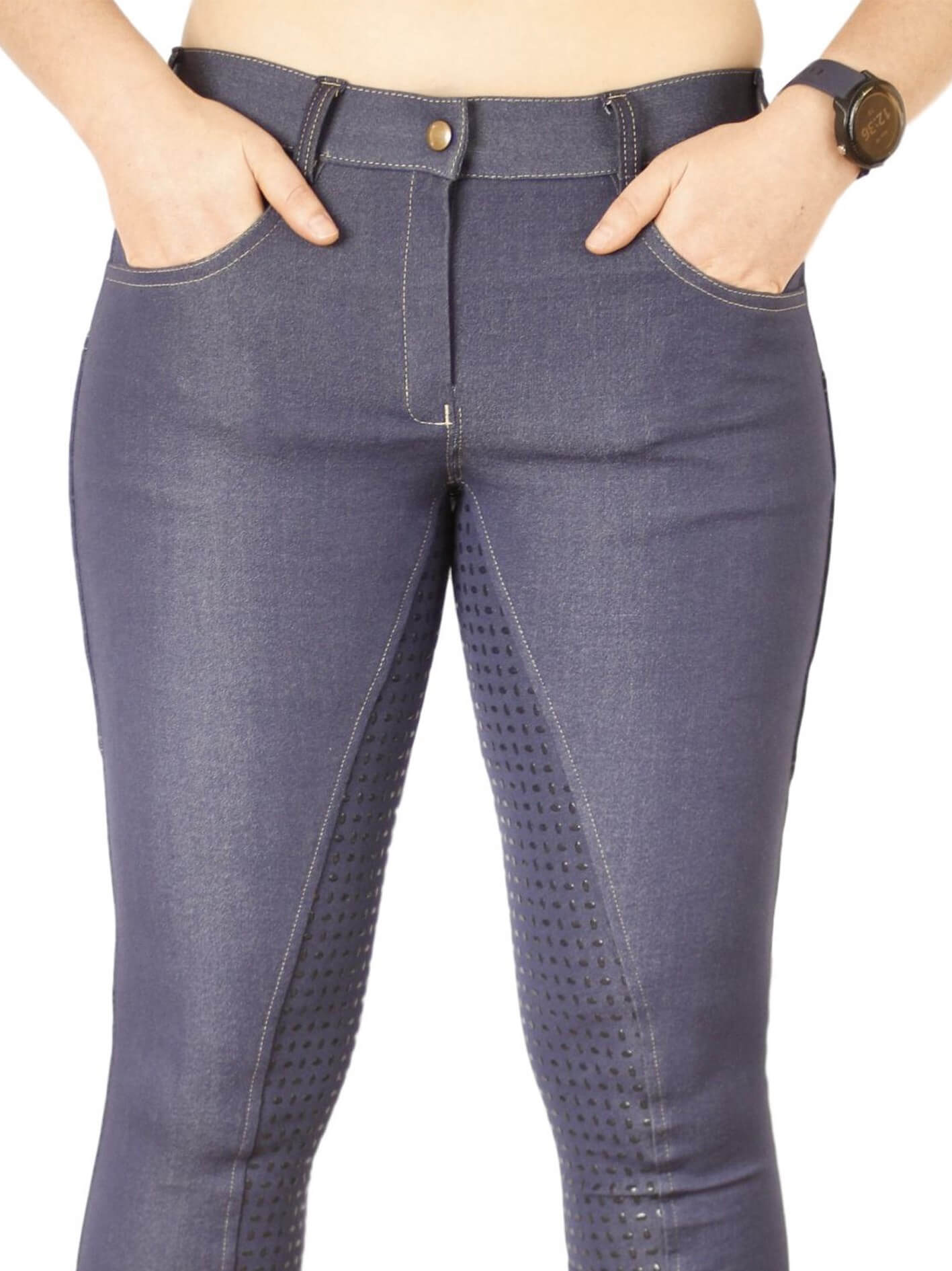 Denim Jodhpurs with silicone seat and phone pocket-Plum Tack-The Equestrian