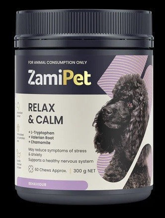 ZamiPet Relax & Calm supplement for dogs, 300g container image.