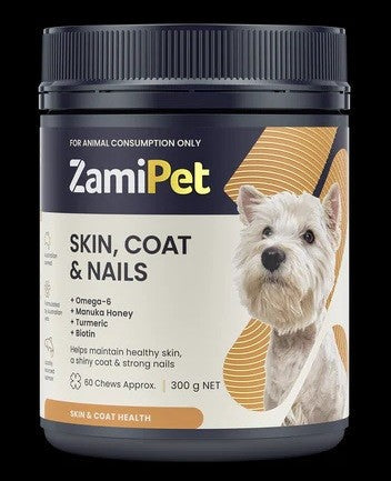 ZamiPet Skin, Coat & Nails dog supplement container with white terrier.