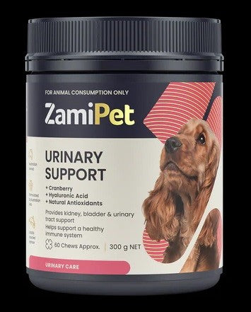 Zamipet Urinary Support dog supplement container with product details.
