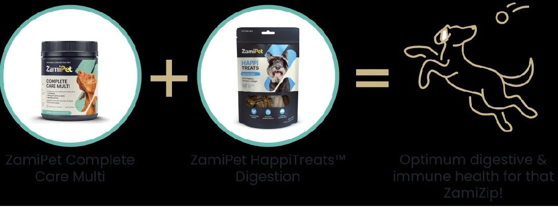 ZamiPet Complete Care Multi and HappiTreats products for dog health.
