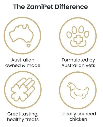 ZamiPet branded pet treats infographic highlighting Australian quality and sourcing.
