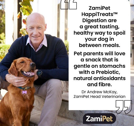 Man with dog promoting Zamipet HappiTreats Digestion, a healthy dog snack.