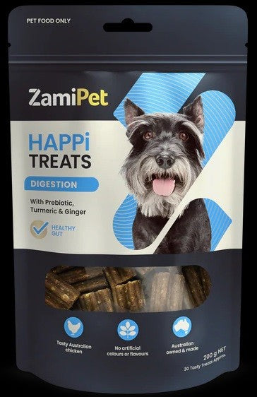 Zamipet Happi Treats Digestion dog food pack with visible treats.
