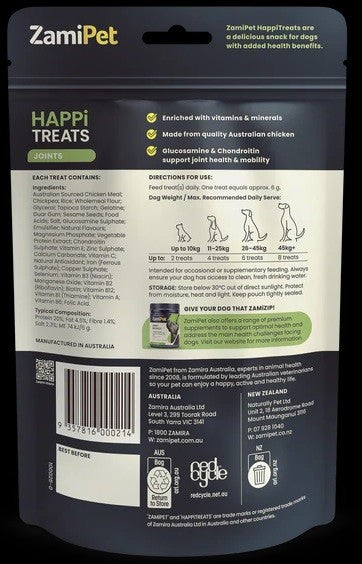 ZamiPet Happi Treats dog snack packaging for joint health and mobility.
