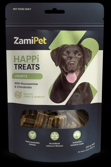 Black dog treat package featuring a happy Labrador. "Happi Treats."