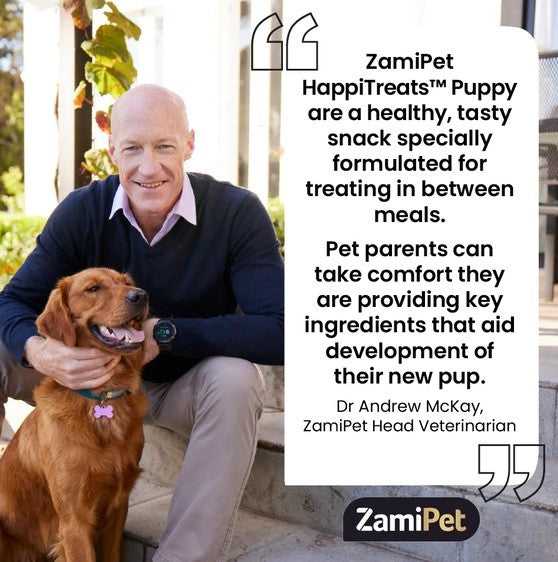 ZamiPet advertisement, man smiling with dog, promoting HappiTreats™ Puppy snacks.