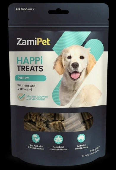 Zamipet Happi Treats puppy food package with a smiling golden retriever.