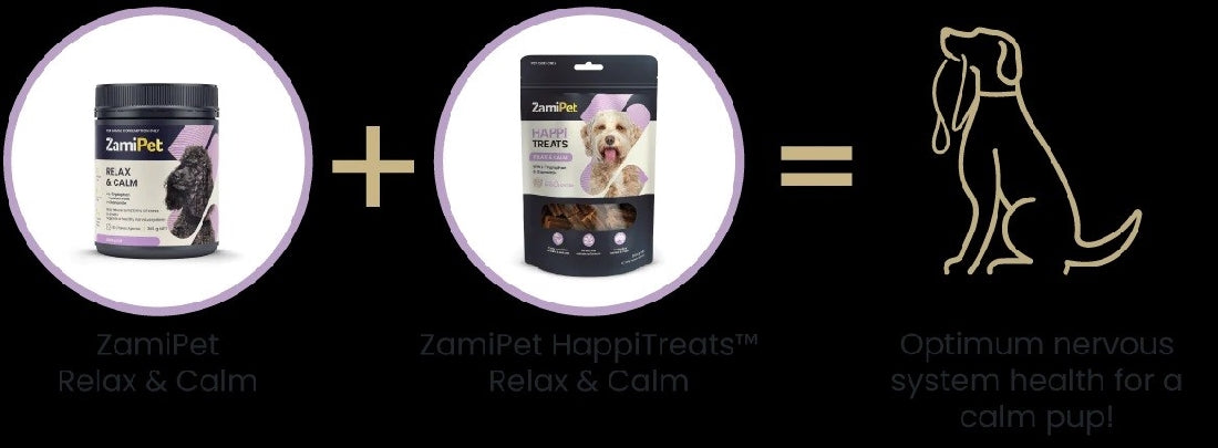 ZamiPet Relax & Calm products and logo for calm canine health.