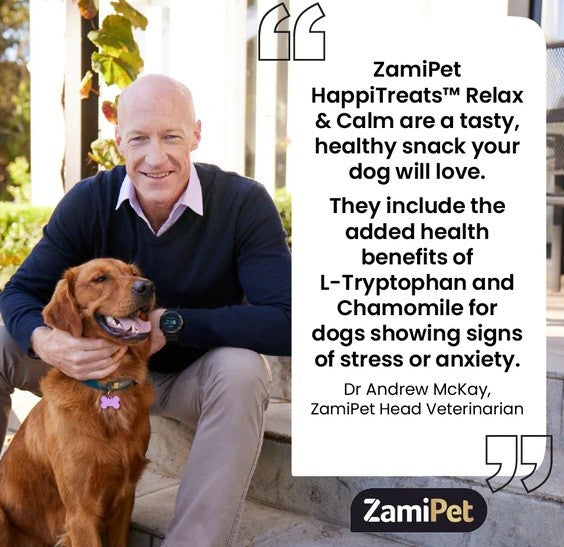 Man with dog promoting Zamipet HappiTreats Relax & Calm snack.