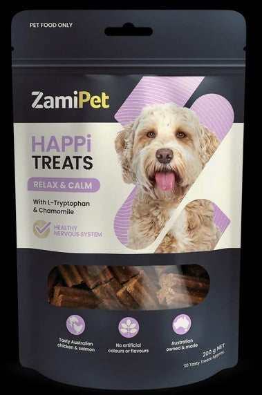 ZamiPet Happi Treats dog snacks package with smiling dog image.