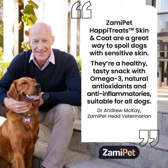 Alt text: Zamipet advertisement for HappiTreats™ with veterinarian and happy dog.