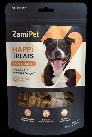 Zamipet Happi Treats packaging, Skin & Coat dog treat.