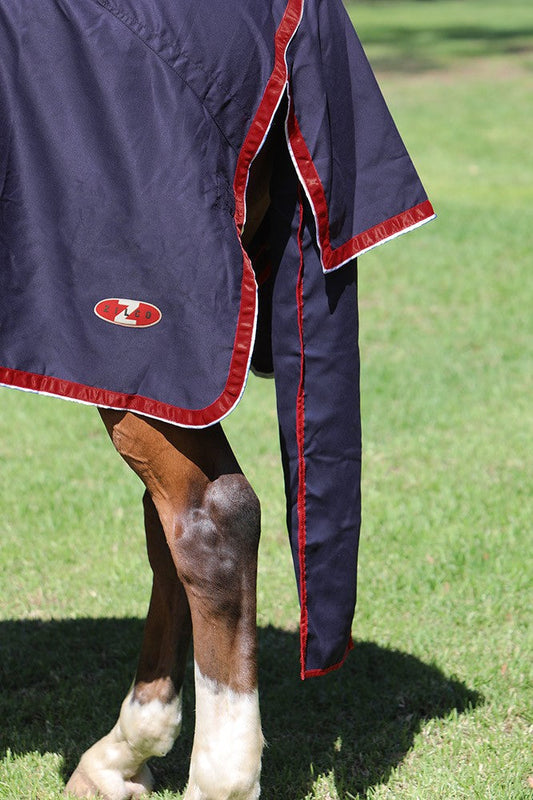 Navy horse show rug with red trim and logo, worn on horse.