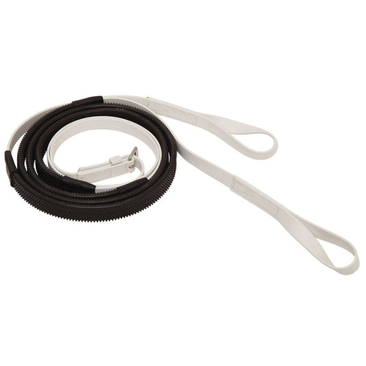 White and black horse riding reins coiled on white background.
