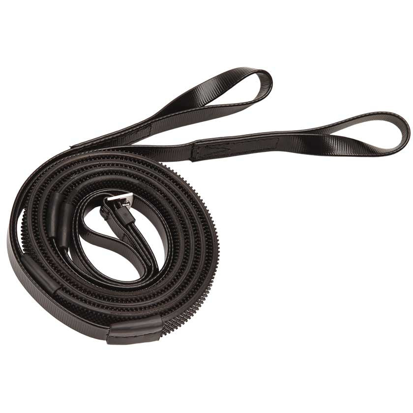 Rolled black leather horse riding reins with loops and buckle.