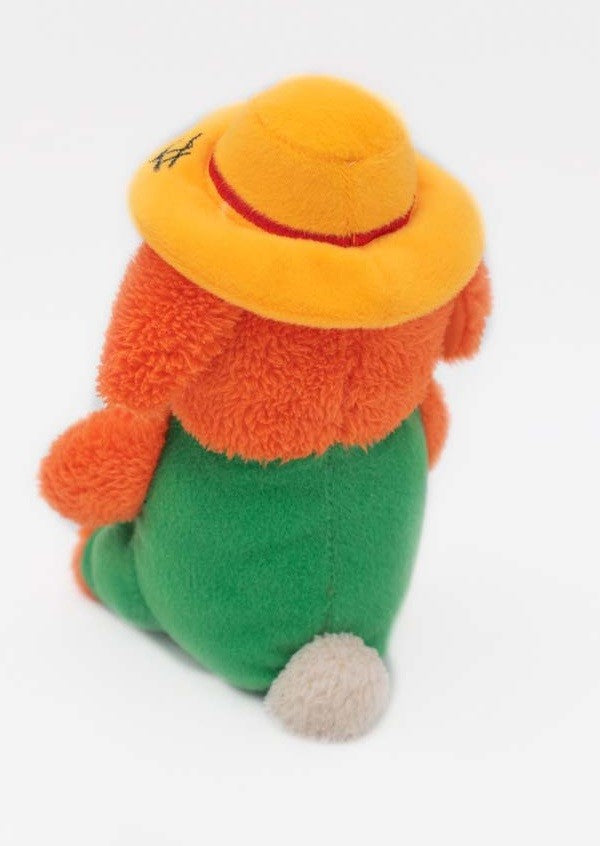 Zippy Paws plush gnome dog toy with orange hat and beard.