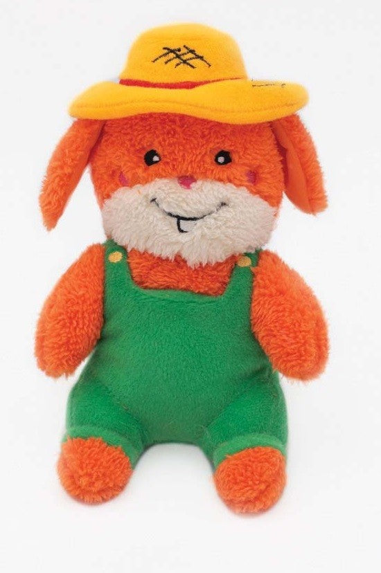 Zippy Paws plush orange rabbit toy with yellow farmer hat.