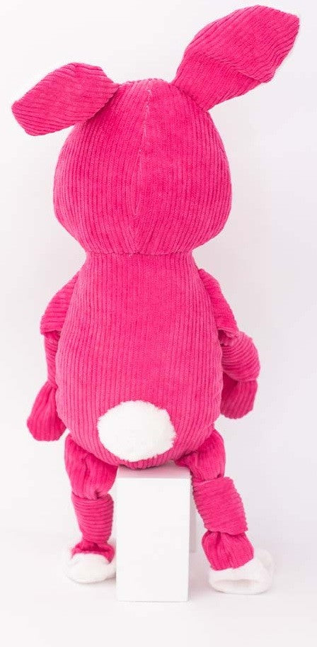 Zippy Paws pink corduroy bunny plush dog toy, back view.