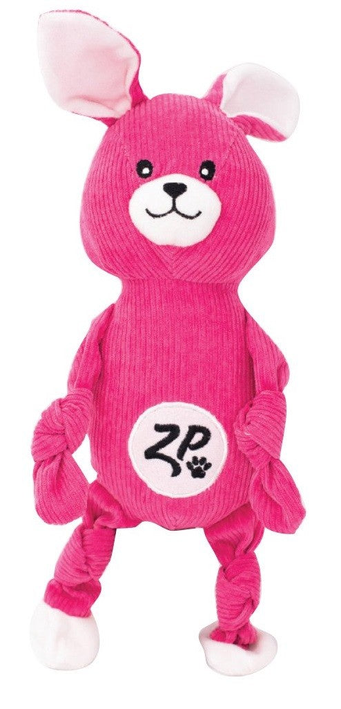 Zippy Paws pink corduroy dog plush toy with logo.