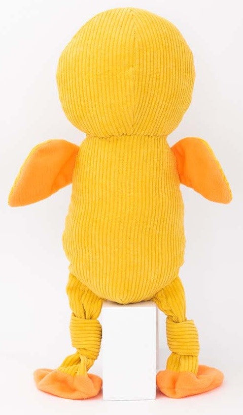 Zippy Paws yellow corduroy duck plush dog toy, back view.