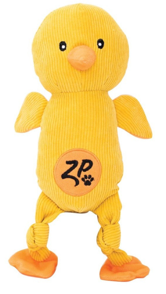 Zippy Paws brand yellow corduroy duck plush dog toy.