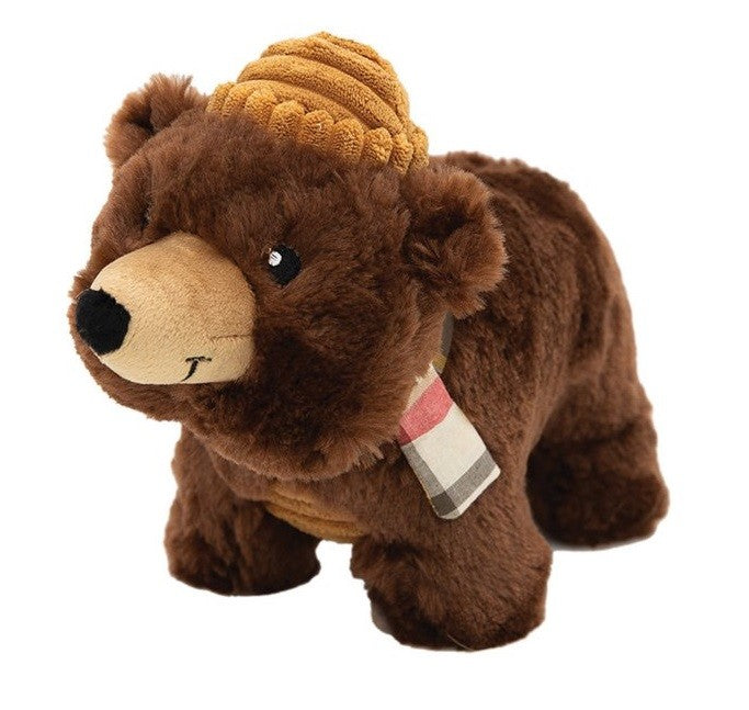 Zippy Paws plush bear toy with knitted cap and scarf.