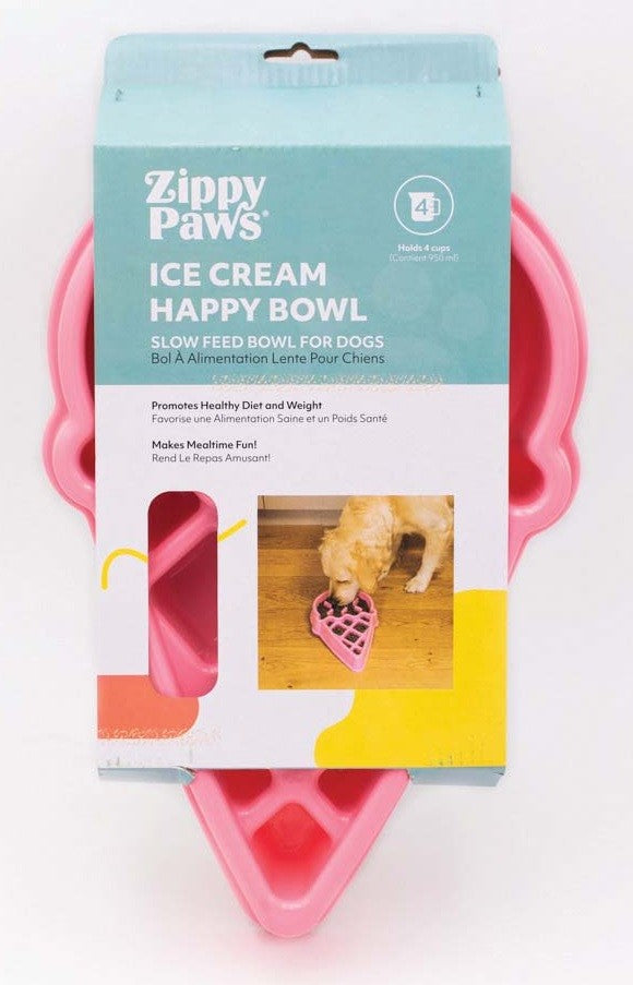 Zippy Paws pink ice cream shaped slow feed bowl for dogs.