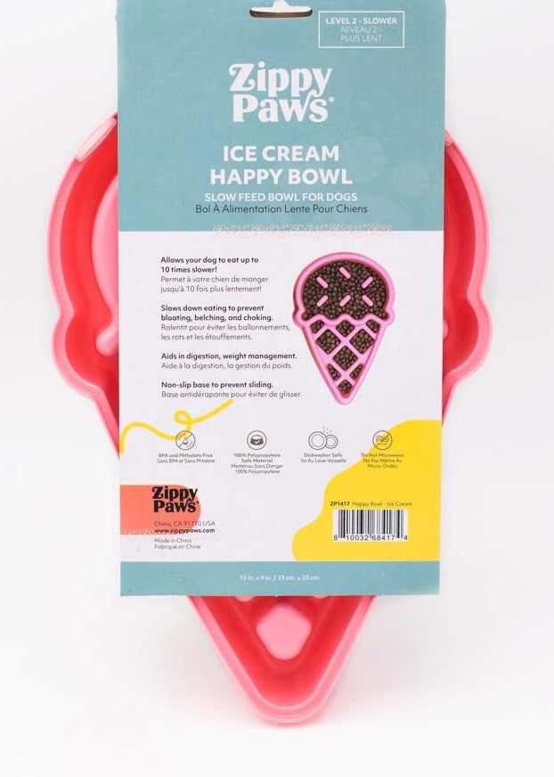 Zippy Paws ice cream cone style slow feed dog bowl packaging.