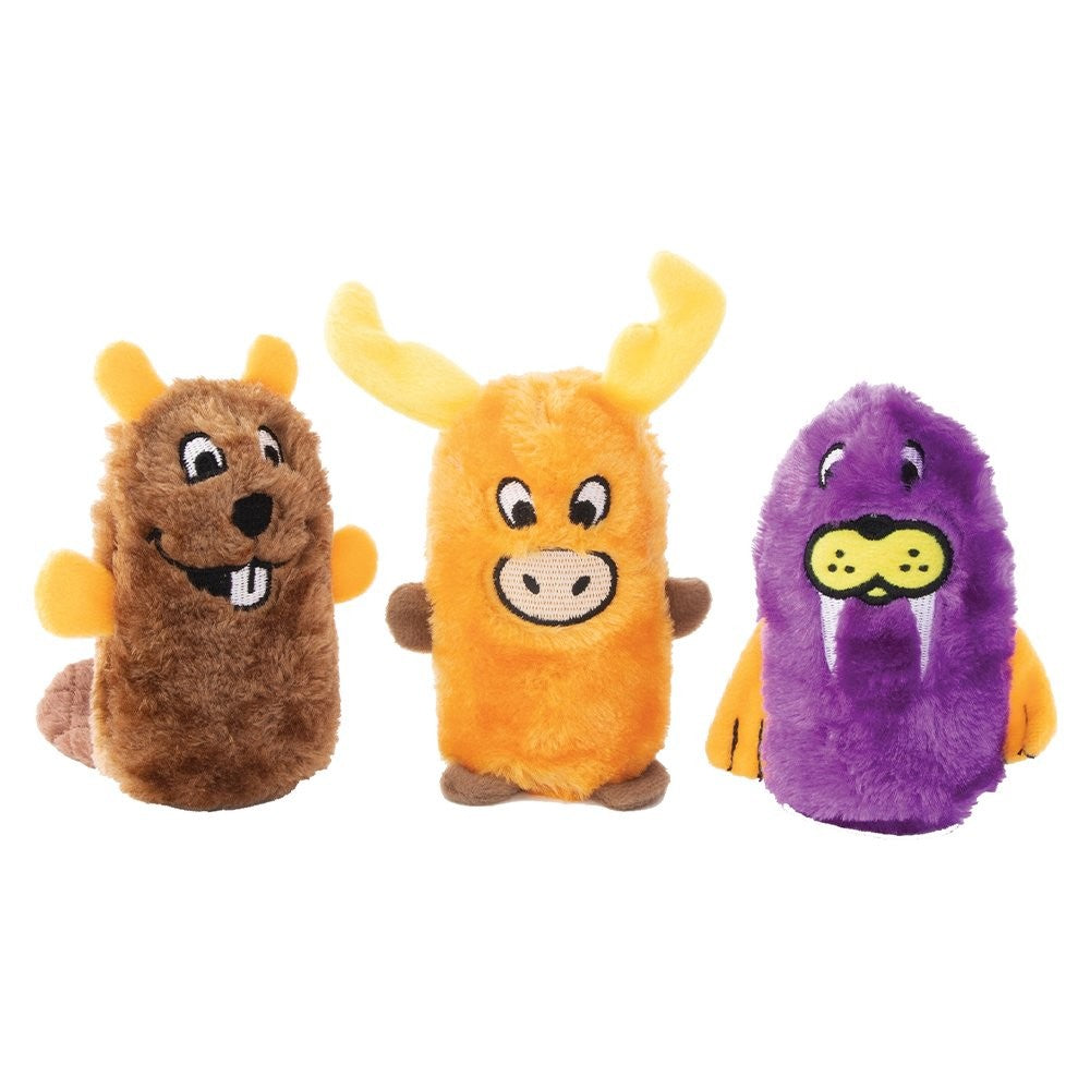 Zippy Paws plush dog toys, three colorful animal characters displayed.